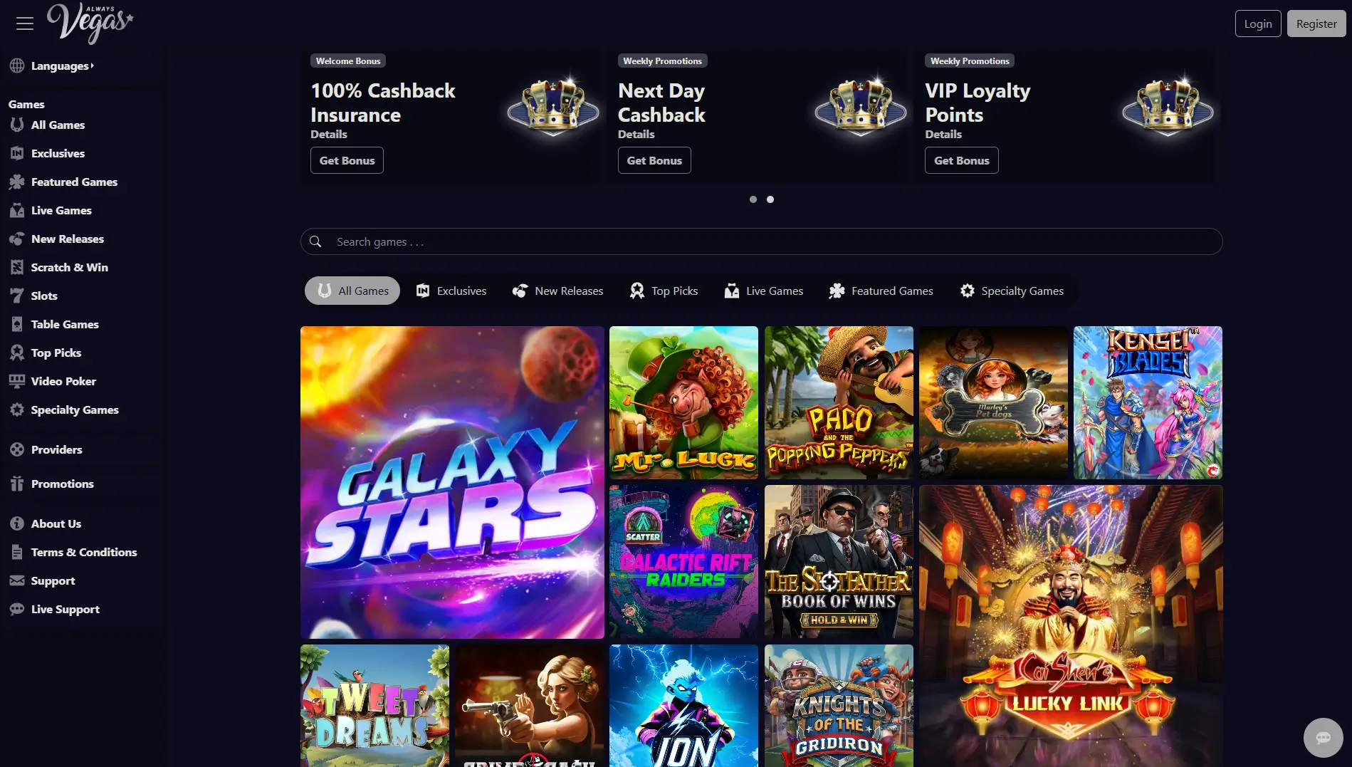 Startseite von Always Vegas Casino mit Online-Spielautomaten und hervorgehobenen Kategorien des Casinos